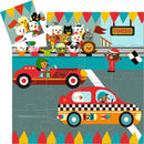A colorful jigsaw puzzle depicting a vibrant racing scene. The image features two cartoon cars, one red with the number 48 and one yellow with a checkered pattern and the number 123, racing on a track. Excited animals like bears, lions, and birds cheer from the sidelines, with a finish line marked by a sign. Some puzzle pieces are visible, showcasing the playful characters and bright colors.