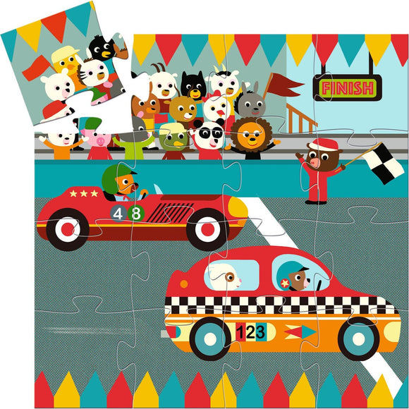 A colorful jigsaw puzzle depicting a vibrant racing scene. The image features two cartoon cars, one red with the number 48 and one yellow with a checkered pattern and the number 123, racing on a track. Excited animals like bears, lions, and birds cheer from the sidelines, with a finish line marked by a sign. Some puzzle pieces are visible, showcasing the playful characters and bright colors.