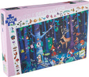 The 'Observation: Enchanted Forest' jigsaw puzzle by DJECO features a whimsical illustration filled with characters and forest animals. The colorful design includes detailed scenes of children, fairies, deer, and various woodland creatures, inviting players to explore and assemble this enchanting puzzle. The box contains 100 pieces, ideal for both children and families.