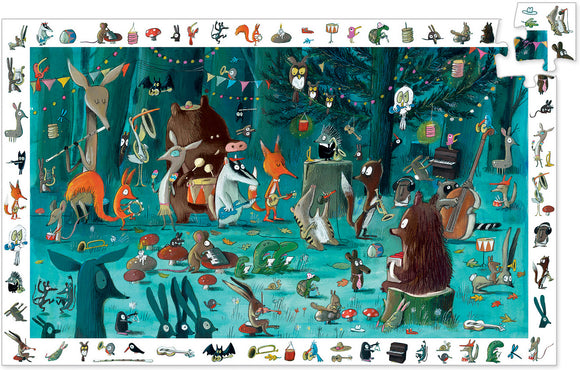 A vibrant jigsaw puzzle featuring whimsical woodland animals playing various musical instruments in a lively forest setting. The illustration includes a fox with a guitar, a bear on a stump, and many colorful characters surrounded by trees and musical notes, perfect for both children and family fun.