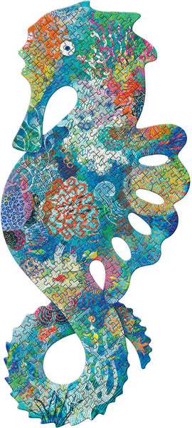 A vibrant jigsaw puzzle shaped like a seahorse, featuring intricate underwater designs in a variety of colors including blue, green, orange, and pink. The puzzle illustrates coral reefs and marine life, providing an engaging and colorful experience for puzzle enthusiasts.