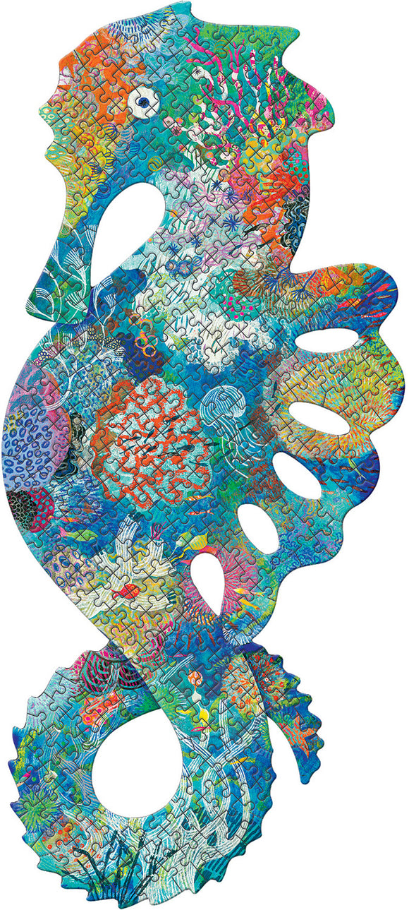 A vibrant jigsaw puzzle shaped like a seahorse, featuring intricate underwater designs in a variety of colors including blue, green, orange, and pink. The puzzle illustrates coral reefs and marine life, providing an engaging and colorful experience for puzzle enthusiasts.