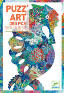 A vibrant jigsaw puzzle featuring a colorful sea horse design. The puzzle contains 350 pieces and showcases intricate details and bright colors inspired by ocean life, perfect for both children and adults. The packaging is adorned with the DJECO logo and highlights the artistic aspect of the puzzle with a playful design.