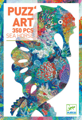 A vibrant jigsaw puzzle featuring a colorful sea horse design. The puzzle contains 350 pieces and showcases intricate details and bright colors inspired by ocean life, perfect for both children and adults. The packaging is adorned with the DJECO logo and highlights the artistic aspect of the puzzle with a playful design.