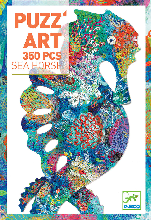 A vibrant jigsaw puzzle featuring a colorful sea horse design. The puzzle contains 350 pieces and showcases intricate details and bright colors inspired by ocean life, perfect for both children and adults. The packaging is adorned with the DJECO logo and highlights the artistic aspect of the puzzle with a playful design.