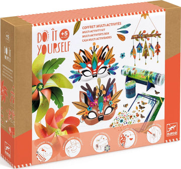 The Nature Multi Activity Kit by DJECO is an engaging DIY kit designed for children aged 5 and up. The kit features vibrant illustrations of two colorful animal masks, a flower and leaf design, windmills, a kaleidoscope, and other craft materials. Perfect for creative exploration, it encourages hands-on activity and imaginative play.