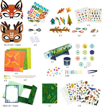 The Nature Multi Activity Kit by DJECO includes various creative components such as animal masks, stickers, colorful papers, and craft supplies designed for imaginative play and DIY projects. This kit fosters creativity in children with diverse activities focused on nature themes.