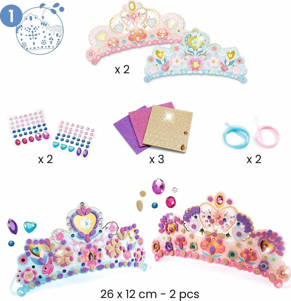 The Nymphea Multi Activity Kit by DJECO features two beautifully designed tiaras adorned with colorful gems and glittery materials. It includes vibrant adhesive jewels, sparkling cardstock, and ribbons to create personalized crown designs. Perfect for craft enthusiasts and imaginative play.