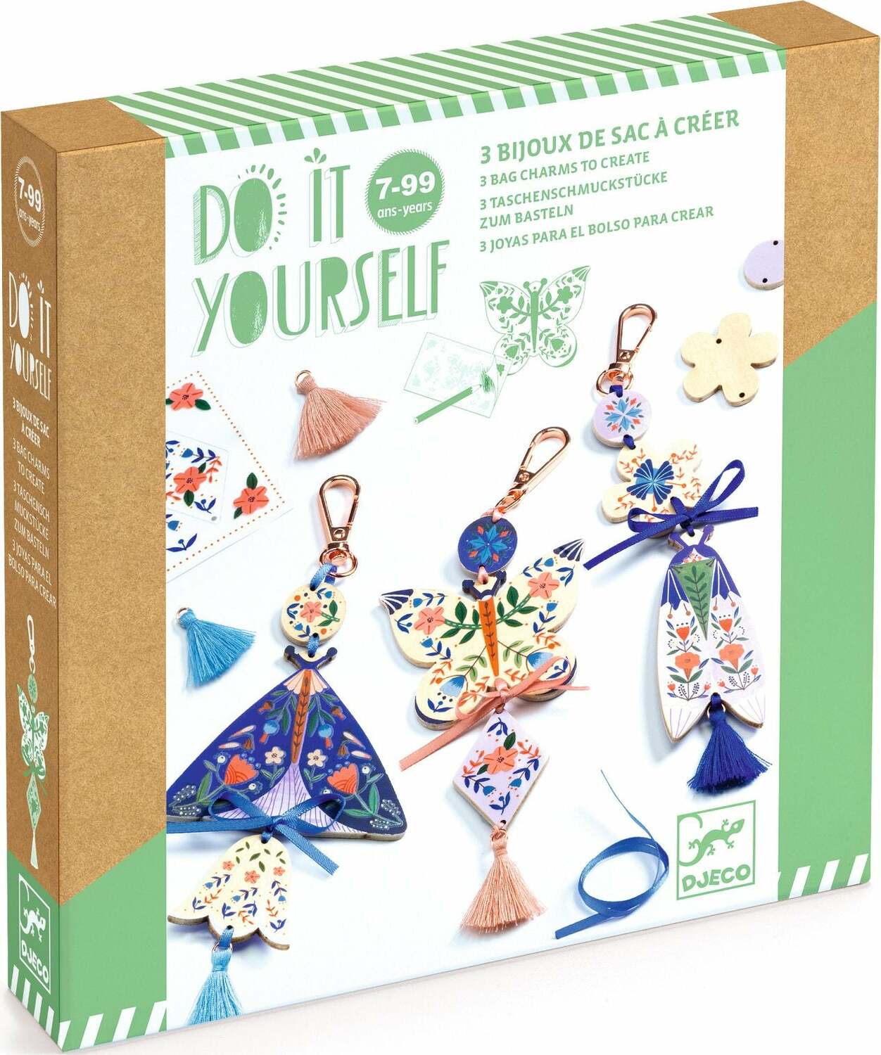 A DIY kit featuring Butterfly Bag Charms by DJECO, displaying three beautifully designed bag charms. Each charm has floral patterns and colorful tassels, perfect for personalizing bags or accessories. The packaging highlights the kit's creative potential with vibrant images and a playful design.