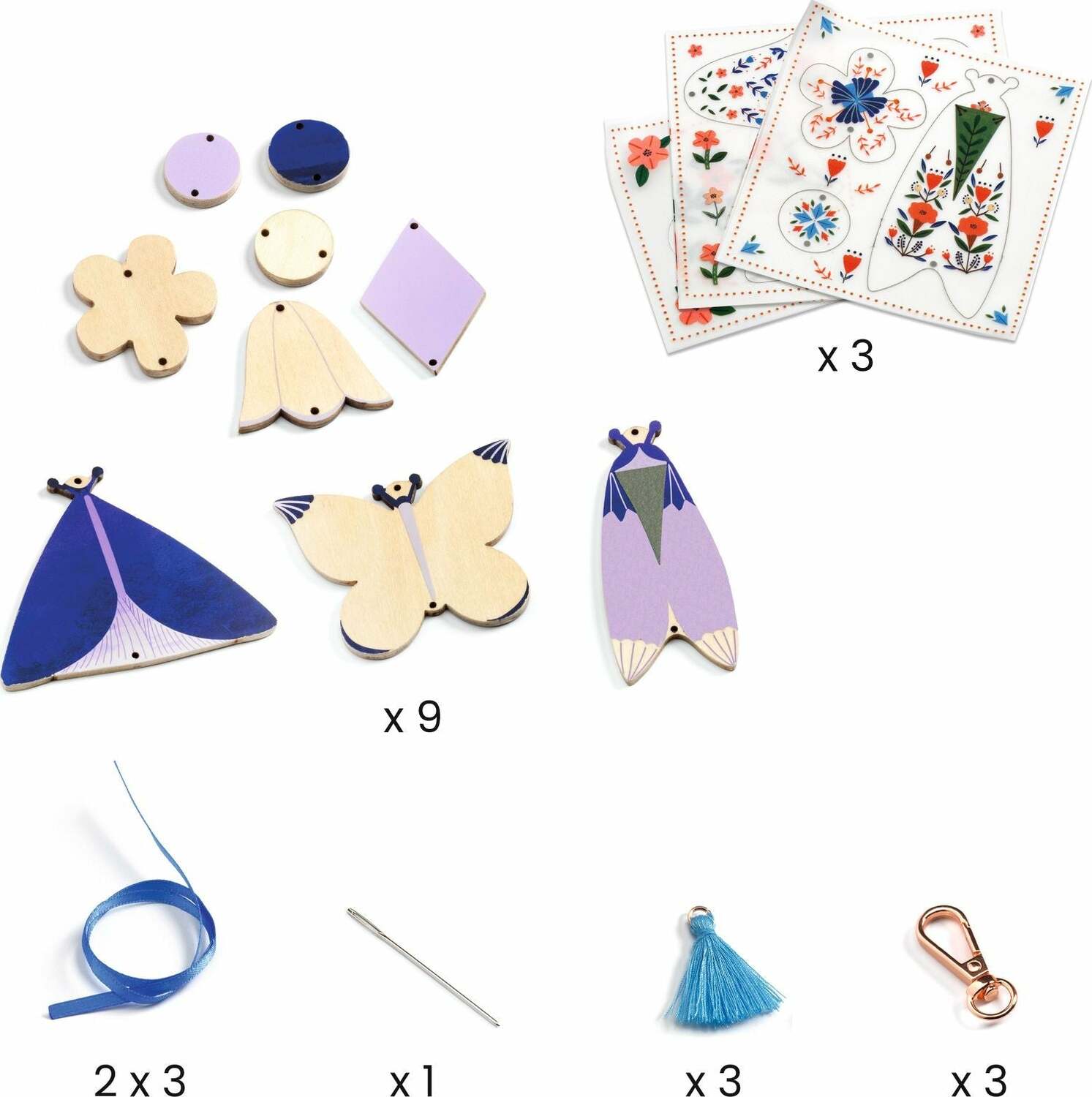 A colorful DIY kit for making butterfly bag charms by DJECO. The kit includes various wooden pieces in butterfly and flower shapes, decorative stickers, tassels, a needle, and ribbon for crafting unique charms.