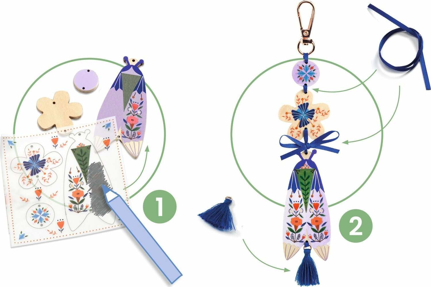 A DIY kit for making colorful butterfly bag charms from DJECO, showcasing crafting materials including wooden pieces, a tassel, and pre-printed designs ready for coloring. Instructions indicate a two-step process: coloring and assembly.