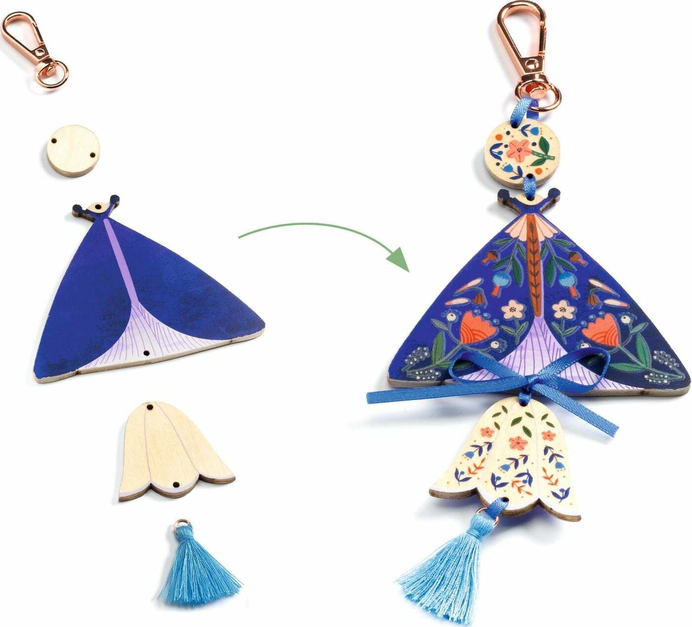 A colorful DIY kit featuring butterfly-themed bag charms. The kit includes various pieces showing a blue butterfly design, a decorative ribbon, and a tassel. The components are assembled with a clip for easy attachment to bags. This creative project is perfect for children to enhance their crafting skills while creating charming accessories.