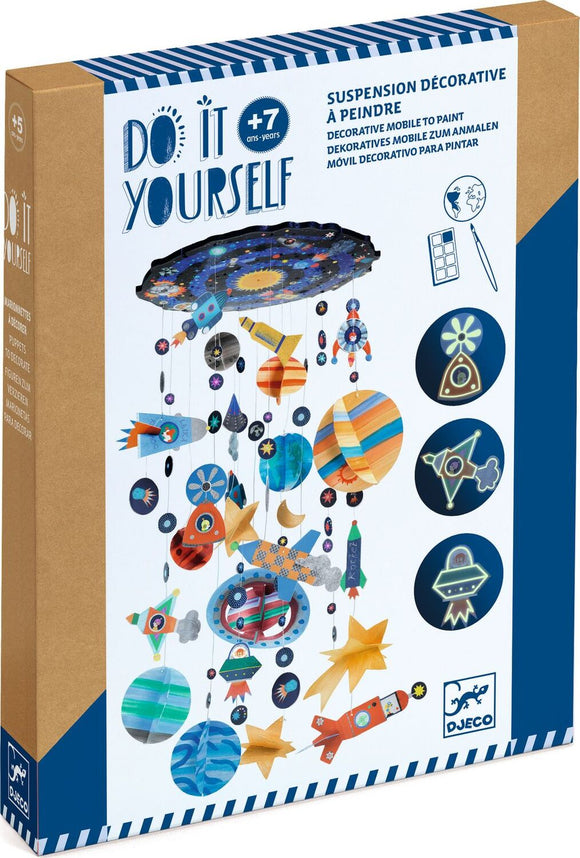 The Solar System Decorative Mobile by DJECO is a DIY kit designed for children aged 7 and up. The kit includes colorful, paintable hanging decorations featuring planets, rockets, and stars, encouraging creativity in decorating and assembling a celestial-themed mobile.