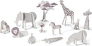 DJECO Savanna Color Assemble. Play is a DIY kit featuring intricately designed animal and tree figures made of eco-friendly materials. Children can assemble and play with a variety of animals including a giraffe, elephant, lion, and more, fostering creativity and imaginative play.