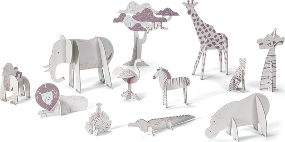 DJECO Savanna Color Assemble. Play is a DIY kit featuring intricately designed animal and tree figures made of eco-friendly materials. Children can assemble and play with a variety of animals including a giraffe, elephant, lion, and more, fostering creativity and imaginative play.