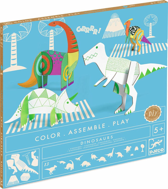 Djeco's Dinosaurs Color. Assemble. Play DIY kit featuring colorful, easily-assembled dinosaur figures. Includes a variety of designs for creative play, designed for children ages 5 and up.