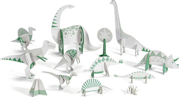 A colorful collection of dinosaur figures made from cardstock, featuring various species like a T-Rex, Triceratops, and Brachiosaurus, all displayed in a playful arrangement. Each figure is adorned with geometric patterns and vibrant green accents, perfect for creative play and assembly.