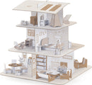 A beautifully designed DIY dollhouse kit by DJECO, featuring three levels of intricately detailed rooms including a living area, kitchen, and bedroom. Each floor showcases charming furnishings like a dining table, rocking horse, and cozy seating, all crafted from eco-friendly materials. Perfect for creative play and imaginative storytelling.