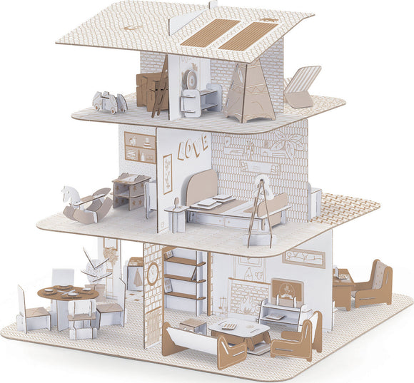 A beautifully designed DIY dollhouse kit by DJECO, featuring three levels of intricately detailed rooms including a living area, kitchen, and bedroom. Each floor showcases charming furnishings like a dining table, rocking horse, and cozy seating, all crafted from eco-friendly materials. Perfect for creative play and imaginative storytelling.