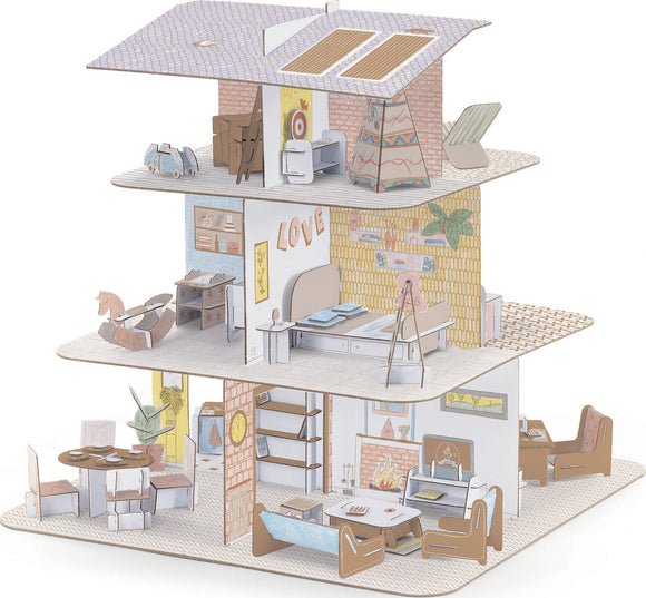 A beautifully designed three-story dollhouse model kit by DJECO, featuring detailed rooms, including a living room with cozy furniture, a kitchen area, and a bedroom with a bed. The dollhouse is decorated with playful elements like a rocking horse, potted plants, and wall art, making it an engaging DIY project for creative minds.