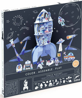 DJECO's Space Rocket DIY kit featuring colorful illustrations of rockets, astronauts, and planets. The packaging showcases the assembly process and highlights creative play for kids aged 5-10.