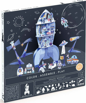 DJECO's Space Rocket DIY kit featuring colorful illustrations of rockets, astronauts, and planets. The packaging showcases the assembly process and highlights creative play for kids aged 5-10.