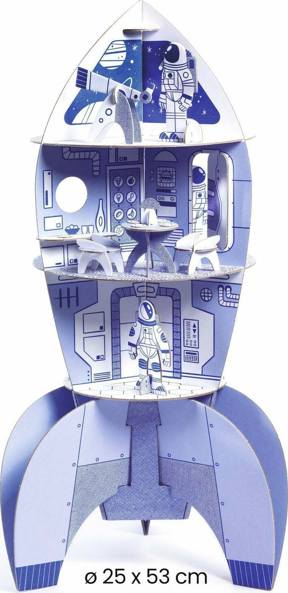 DJeco Space Rocket Color DIY kit featuring a colorful, detailed rocket designed for assembly and imaginative play. Measuring 25 cm in diameter and 53 cm in height, this interactive kit includes various rooms and astronaut figures, promoting creativity and fine motor skills. Ideal for children interested in space exploration and hands-on activities.