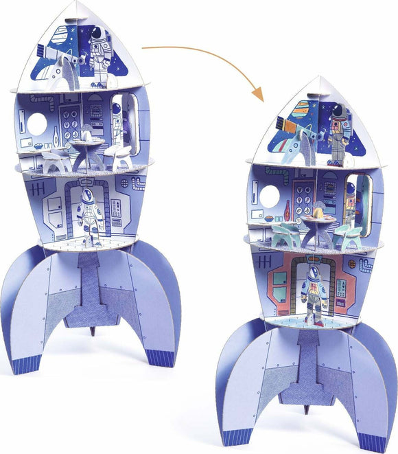 A colorful DIY kit featuring a space rocket model, designed for children. The rocket is printed with vibrant illustrations of astronauts and space equipment. It can be assembled and disassembled, promoting imaginative play and creativity.