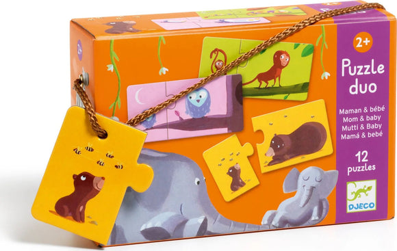 Colorful box of 'Mom and Baby Puzzle Duo' by DJECO featuring 12 charming jigsaw puzzle pieces. The box displays illustrations of various animal pairs, including an elephant and its baby. Each piece is brightly colored and designed for young children aged 2 and above, with engaging artwork that stimulates learning and play.