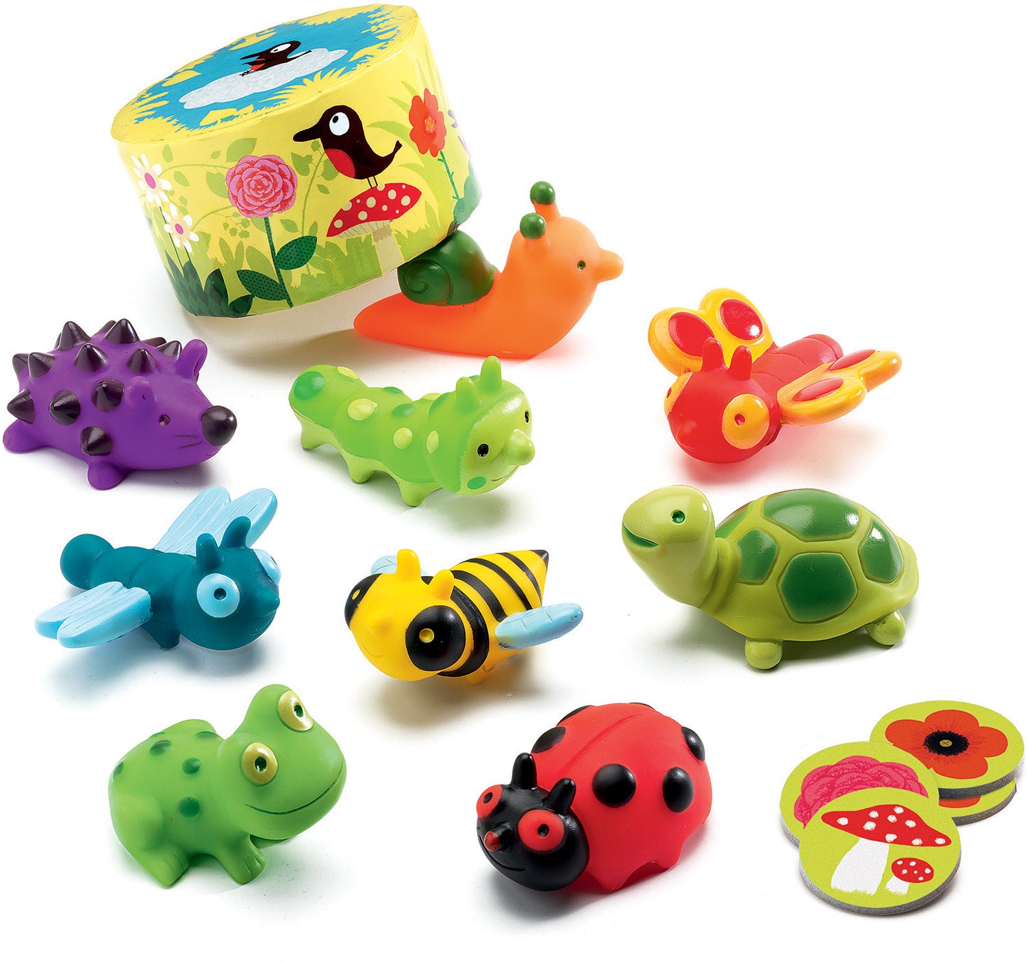 Little Memo by DJECO features colorful, playful animal figures including a turtle, frog, ladybug, bee, and butterfly, along with decorative cards and a patterned storage box, perfect for young children to enhance memory and matching skills.