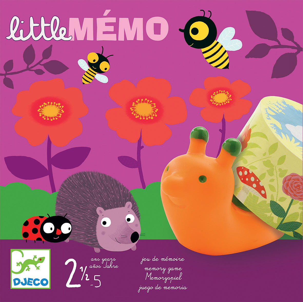 A colorful memory game titled 'Little Memo' by DJECO. The image features a friendly orange snail, a cute hedgehog, and vibrant flowers set against a purple background, designed for children ages 2.5 and up. Perfect for enhancing memory skills with an engaging theme.