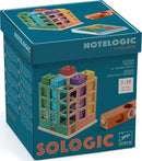 The Hotelogic Solologic by DJECO is a colorful mechanical puzzle featuring a unique building design with various shaped blocks. It includes 60 challenges for ages 7 to 99, encouraging logical thinking and problem-solving skills. The box displays bright colors and illustrations of the puzzle's components, making it visually appealing and educational.