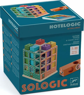 The Hotelogic Solologic by DJECO is a colorful mechanical puzzle featuring a unique building design with various shaped blocks. It includes 60 challenges for ages 7 to 99, encouraging logical thinking and problem-solving skills. The box displays bright colors and illustrations of the puzzle's components, making it visually appealing and educational.