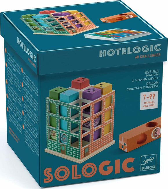 The Hotelogic Solologic by DJECO is a colorful mechanical puzzle featuring a unique building design with various shaped blocks. It includes 60 challenges for ages 7 to 99, encouraging logical thinking and problem-solving skills. The box displays bright colors and illustrations of the puzzle's components, making it visually appealing and educational.