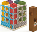 Hotelogic Solologic by DJECO is a colorful mechanical puzzle designed for children. The structure features various blocks in vibrant colors such as blue, red, green, and yellow, arranged in a playful building-like design. Each side showcases different cut-out shapes and playful character illustrations, promoting problem-solving skills and creativity.