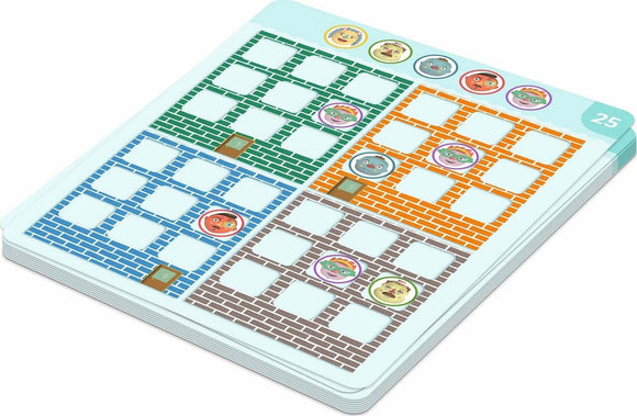 The Hotelogic Solologic mechanical puzzle by DJECO features colorful illustrated panels divided into sections. Each section displays playful characters and doors, allowing users to unlock various combinations and enhance critical thinking skills through engaging gameplay.