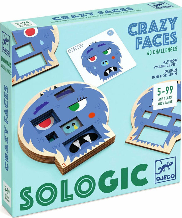The Crazy Faces Sologic is a colorful mechanical puzzle featuring a variety of quirky monster faces. It includes multiple challenge cards for different face configurations, designed for ages 5 to 99. The box displays a mixture of vibrant colors and playful designs, making it appealing for both children and adults. Brand: DJECO.