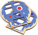 Crazy Faces Sologic by DJECO, a mechanical puzzle featuring colorful wooden pieces with expressive monster faces. The pieces are designed to fit together in fun configurations. Perfect for enhancing problem-solving skills and creativity in children.