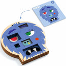 The Crazy Faces Sologic by DJECO is a blue, round mechanical puzzle featuring whimsical facial features. The puzzle includes cut-out sections that reveal different colorful images, encouraging interactive play. The product is designed for children, promoting creativity and problem-solving skills.