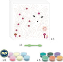 DJECO Garden Lights Colored Sands kit featuring four coloring sheets with enchanting designs of a fox, flowers, and mushrooms. Includes six vibrant colored sands in pots and a green applicator tool for applying the sands, perfect for creative art activities.
