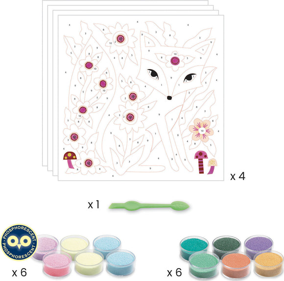 DJECO Garden Lights Colored Sands kit featuring four coloring sheets with enchanting designs of a fox, flowers, and mushrooms. Includes six vibrant colored sands in pots and a green applicator tool for applying the sands, perfect for creative art activities.