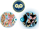 A set of garden lights featuring phosphorescent colored sands. The design showcases two circular patterns: one with a stylized fox surrounded by flowers in pastel colors, and the other with a night version of the fox in darker tones, set against a blue background. Both circular lights are vibrant and eye-catching, ideal for outdoor decoration.