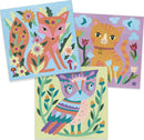 Three colorful garden lights featuring artistic designs: a fox surrounded by flowers, a playful orange cat, and a whimsical owl amidst foliage. Each light showcases vibrant colors and intricate patterns, ideal for enhancing outdoor decor.