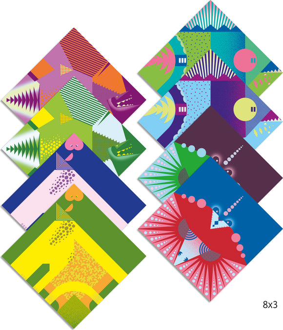 DJECO Dinosaur Origami DIY kit featuring vibrant, patterned papers for folding. The kit includes colorful sheets with playful dinosaur designs, fostering creativity and fine motor skills in children.