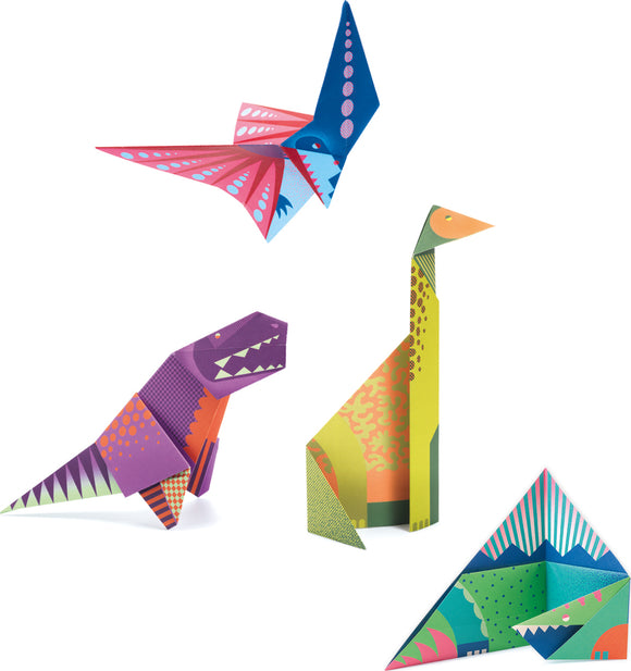 A colorful DIY Dinosaur Origami set featuring four vibrant dinosaur models: a pterodactyl in pink and blue, a purple T-Rex, a green brontosaurus, and a decorative triangular piece resembling a dinosaur habitat, all showcasing playful and imaginative designs.