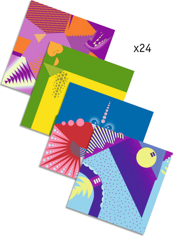 A colorful DIY origami kit featuring dinosaur designs by DJECO. The kit includes 24 vibrant paper sheets with various patterns for creative folding activities. Ideal for kids and craft lovers to explore their artistic skills while learning about dinosaurs.