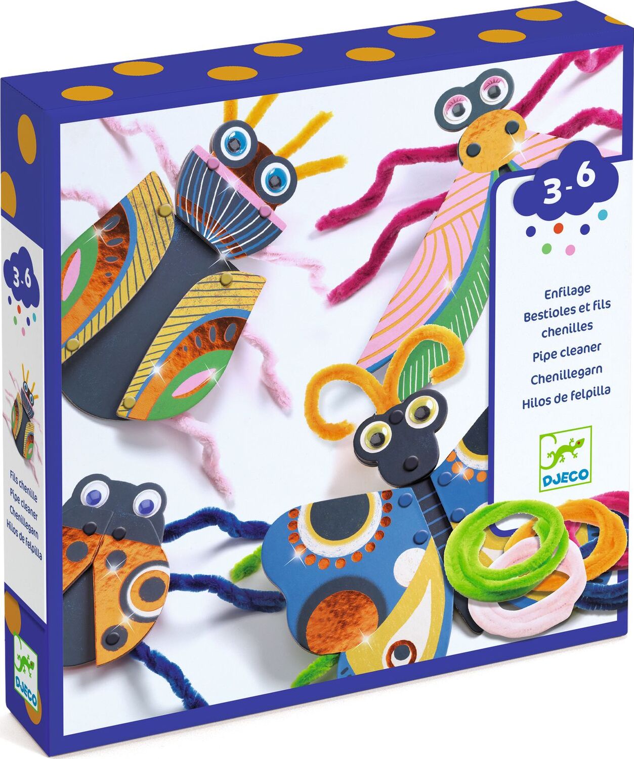 Colorful DIY kit box titled 'Fuzzy Bugs 3D Collage' by DJECO. Features vibrant images of crafted bugs made with pipe cleaners and decorative elements. Suitable for children ages 3-6, promoting creativity and fine motor skills.