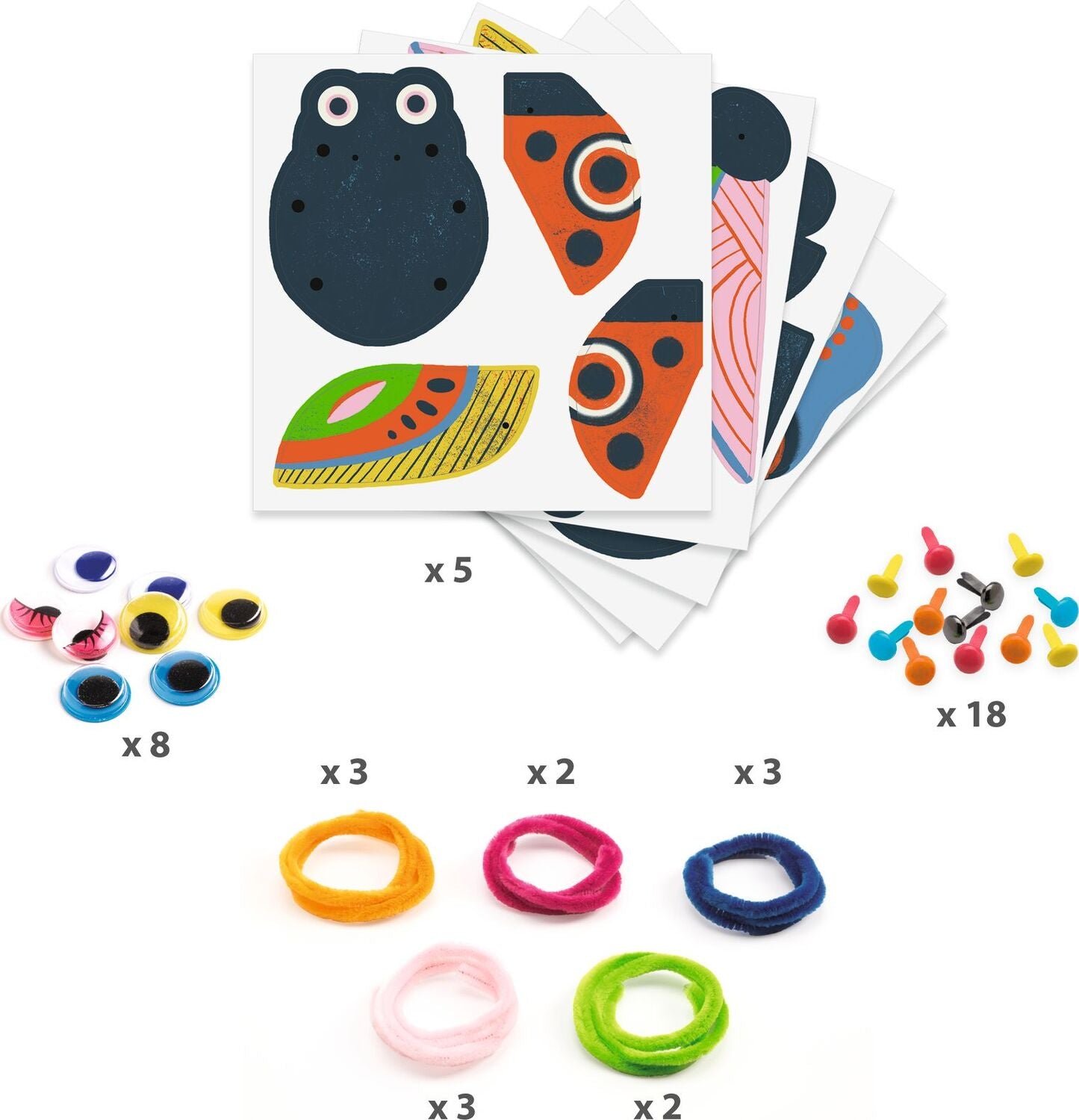 Fuzzy Bugs 3D Collage DIY kit by DJECO featuring colorful bug shapes, googly eyes, colorful fibers, and pins. Encourages creativity and hands-on learning.