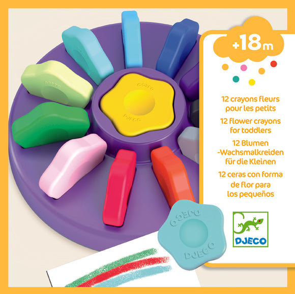 A vibrant set of 12 flower-shaped crayons designed for toddlers, displayed in a circular holder. Each crayon features a unique pastel color, perfect for little hands to explore their creativity. Includes a sheet of paper showing colorful crayon strokes.