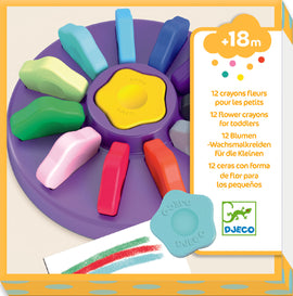 Colorful flower-shaped crayons designed for toddlers, featuring 12 vibrant colors in a circular holder. The crayons are styled as flowers and are perfect for little hands to grip while encouraging creativity and fine motor skills. Includes example artwork with colorful crayon strokes.